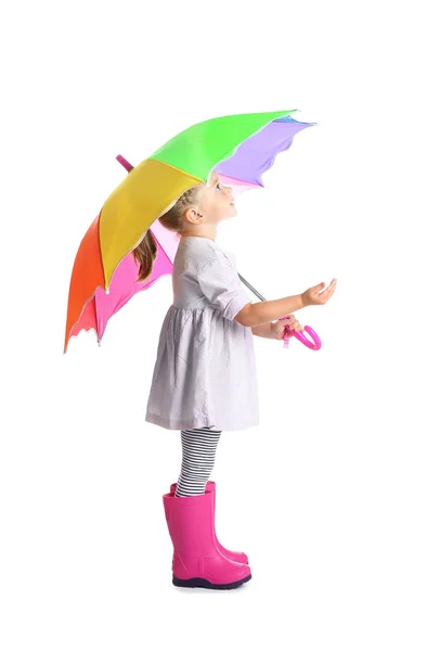 Menina Com Guarda Chuva Arco Íris Fundo Branco — Fotografia de Stock