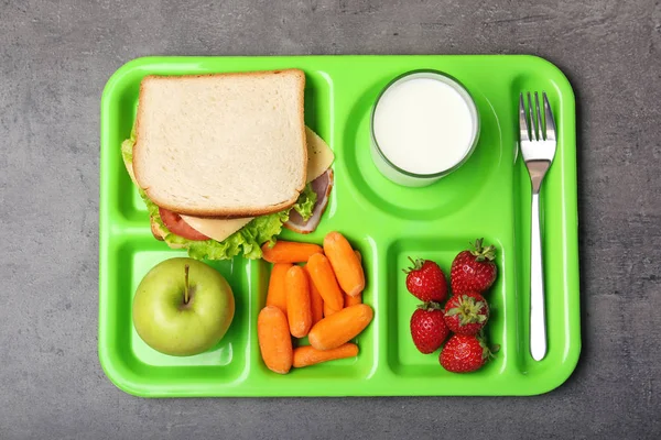 Serving Tray Healthy Food Gray Background Top View School Lunch — Stock Photo, Image