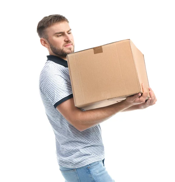 Retrato Jovem Carregando Caixa Papelão Fundo Branco Conceito Postura — Fotografia de Stock