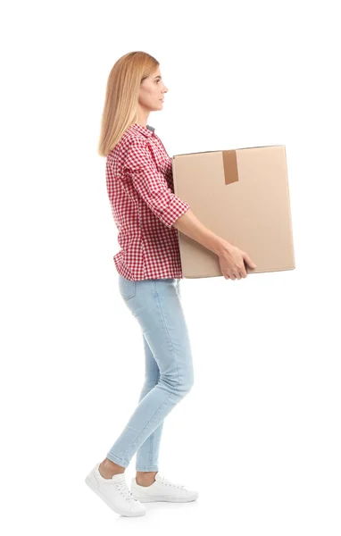 Full Length Portrait Woman Carrying Carton Box White Background Posture — Stock Photo, Image