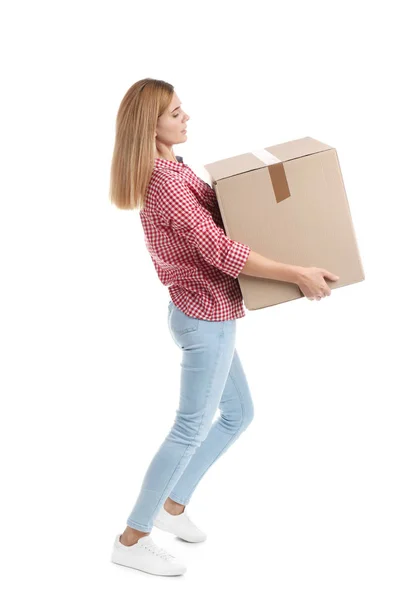 Full Length Portrait Woman Carrying Carton Box White Background Posture — Stock Photo, Image