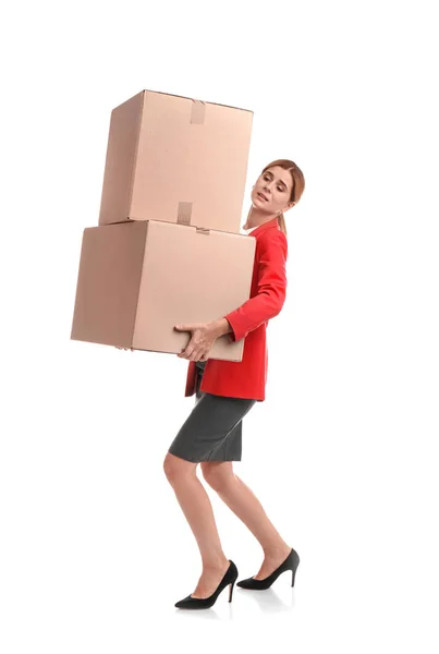 Full Length Portrait Woman Carrying Carton Boxes White Background Posture — Stock Photo, Image