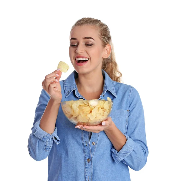 Mulher Comendo Batatas Fritas Fundo Branco — Fotografia de Stock