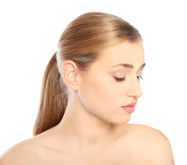 Retrato Mujer Joven Con Hermosas Pestañas Naturales Sobre Fondo Blanco — Foto de Stock