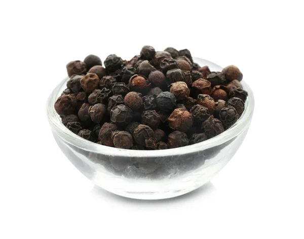 Glass Bowl Black Pepper Grains White Background — Stock Photo, Image