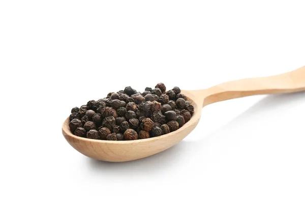 Wooden Spoon Black Pepper Grains White Background — Stock Photo, Image