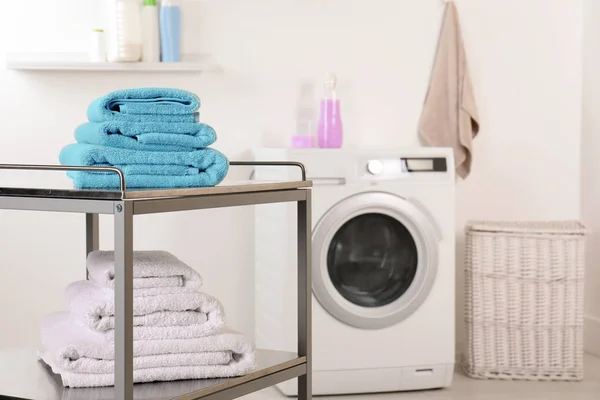 Stacked Clean Soft Towels Table Laundry Room Space Text — Stock Photo, Image