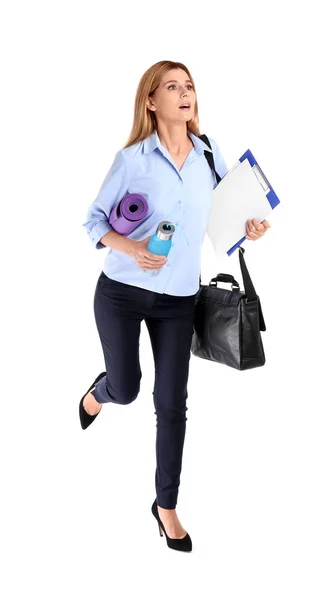 Businesswoman Sport Stuff Briefcase Clipboard Running White Background Combining Life — Stock Photo, Image