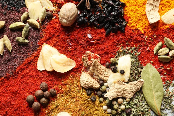 Different aromatic spices as background, top view