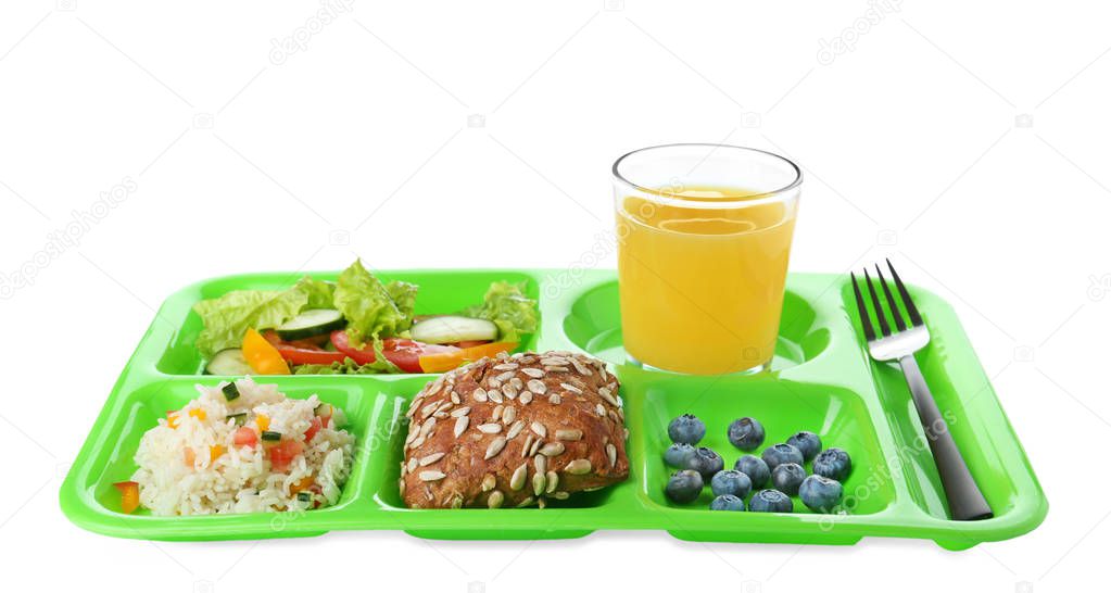 Serving tray with healthy food on white background. School lunch