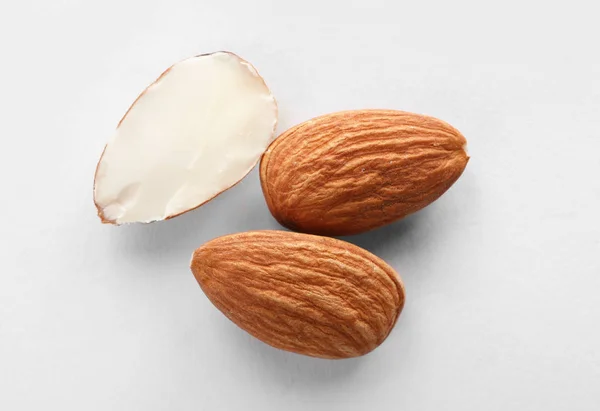 Organic Almond Nuts White Background Top View Healthy Snack — Stock Photo, Image