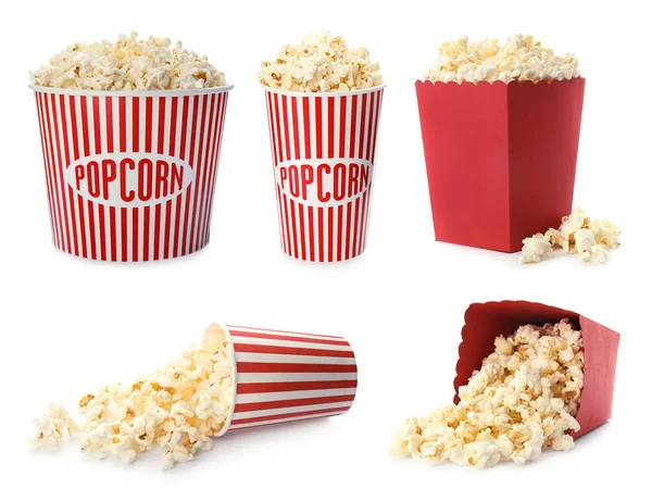 Set Mit Verschiedenen Pappschachteln Mit Leckerem Popcorn Auf Weißem Hintergrund — Stockfoto