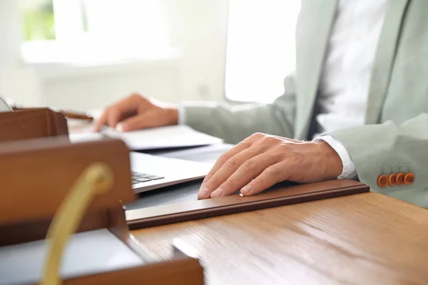 Male Notary Working Laptop Table Office Closeup — Stock Photo, Image