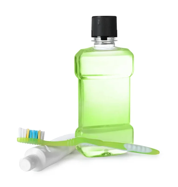 Mouthwash Other Items Teeth Care White Background — Stock Photo, Image