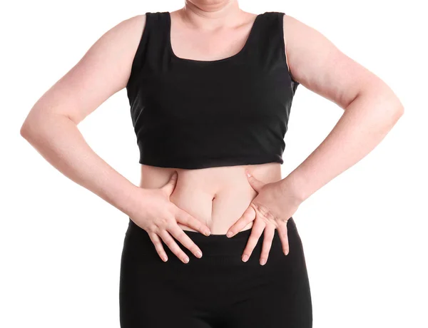 Overgewicht Vrouw Aanraken Van Buikvet Voor Gewichtsverlies Witte Achtergrond — Stockfoto