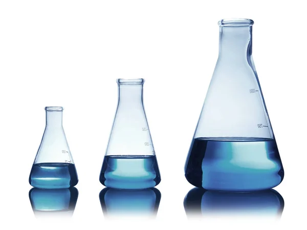 Conical Flasks Liquid Table Color Background Laboratory Analysis — Stock Photo, Image