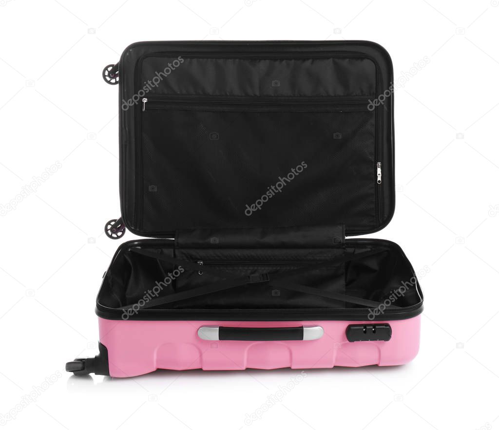 Open trendy pink suitcase on white background