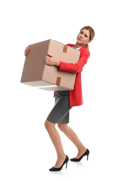 Full Length Portrait Woman Carrying Carton Box White Background Posture — Stock Photo, Image