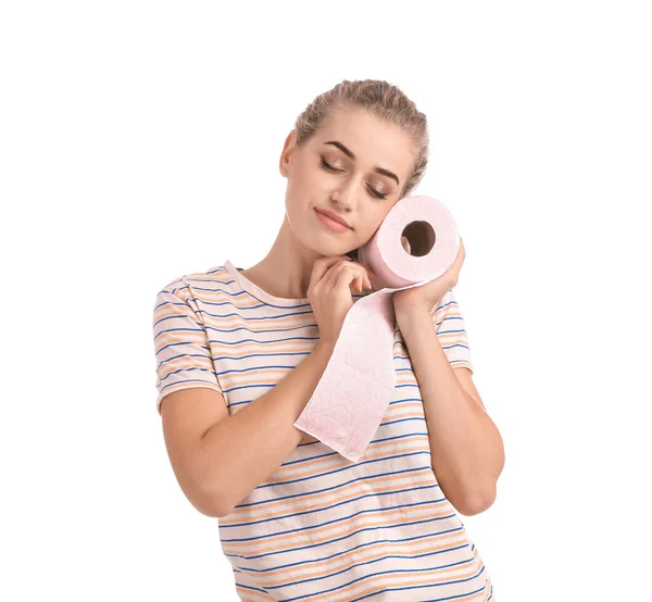 Mulher Bonita Segurando Rolo Papel Higiênico Fundo Branco — Fotografia de Stock