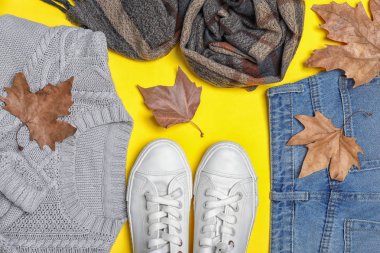 Şık kıyafet ve sonbahar yaprakları renk arka plan üzerinde düz yatıyordu. Moda sıcak giysiler