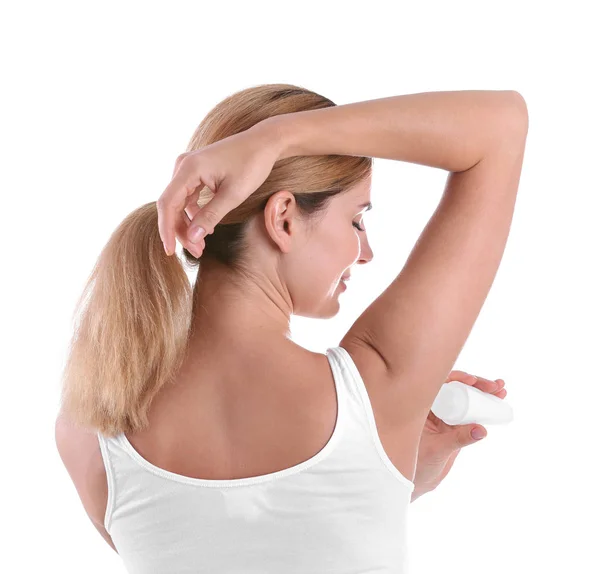 Young Woman Using Deodorant White Background — Stock Photo, Image