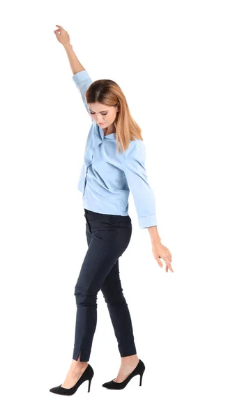 Retrato Completo Mujer Negocios Balanceándose Sobre Fondo Blanco — Foto de Stock