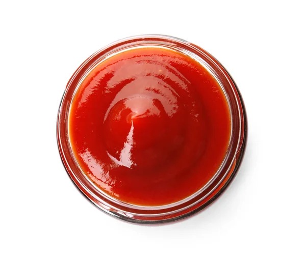 Sabrosa Salsa Tomate Casero Frasco Vidrio Sobre Fondo Blanco Vista — Foto de Stock