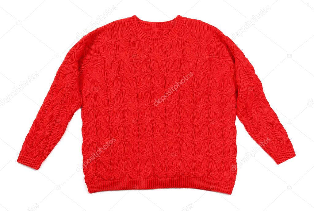 Cozy warm sweater on white background, top view
