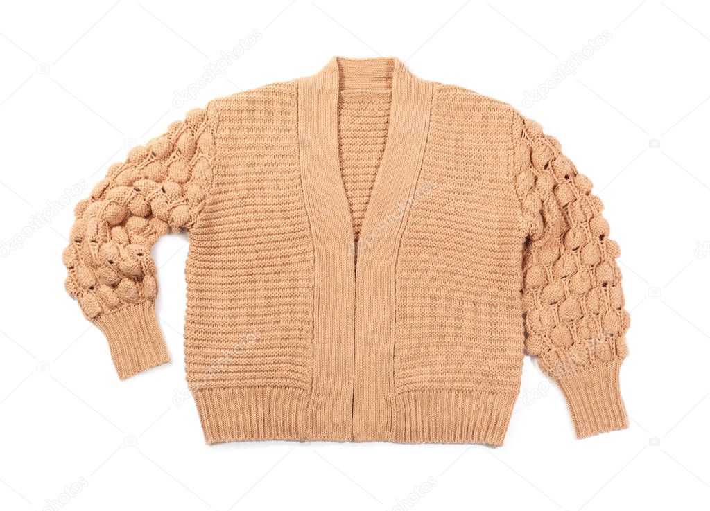 Cozy warm sweater on white background, top view