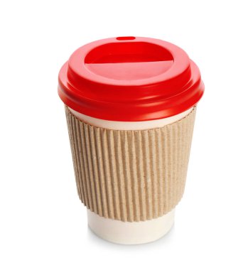 Beyaz arka plan kapağı ve karton kol ile paket servisi olan restoran kağıt kahve Kupası