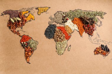 Kağıt arka plan olarak, üstten görünüm farklı Aromatik baharatlar yapılan Dünya Haritası ile