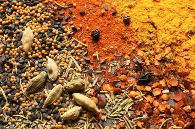 Arka plan, üstten görünüm olarak farklı Aromatik baharatlar