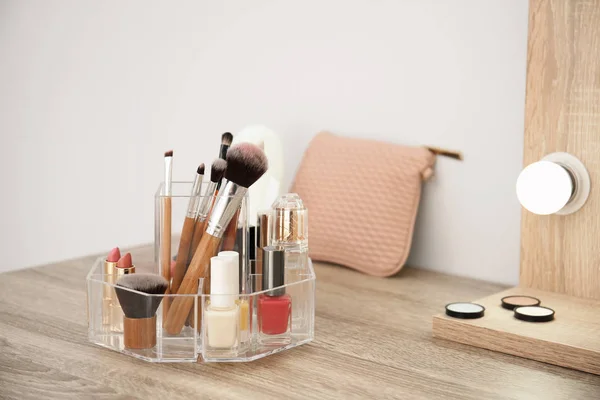 Maquillaje Productos Cosméticos Con Herramientas Organizador Tocador Espacio Para Texto — Foto de Stock