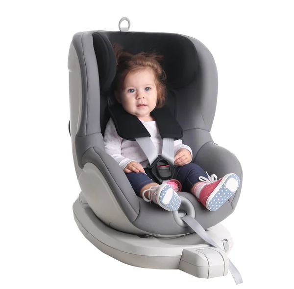 Adorable Baby Girl Child Car Safety Seat White Background — Stock Photo, Image