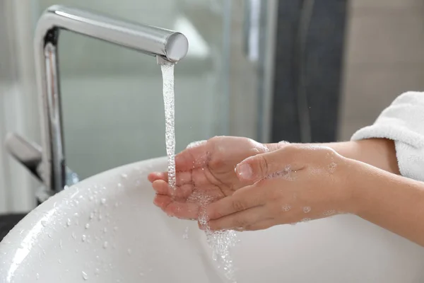 Little Boy Washing Hands Soap Sink Bathroom Closeup — Stock Photo, Image