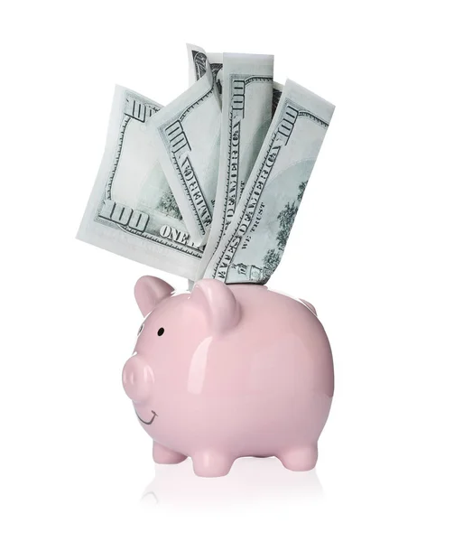 Piggy Bank Money Bills Isolated White — Stock Photo, Image