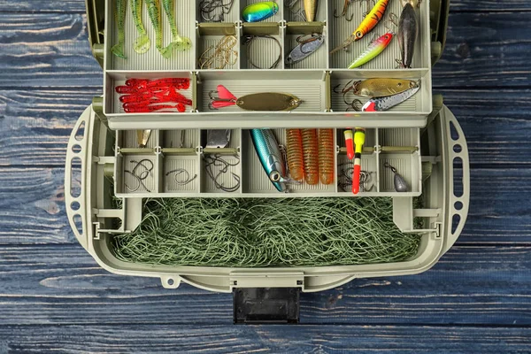 Caja Con Diferentes Accesorios Pesca Sobre Fondo Madera Vista Superior — Foto de Stock