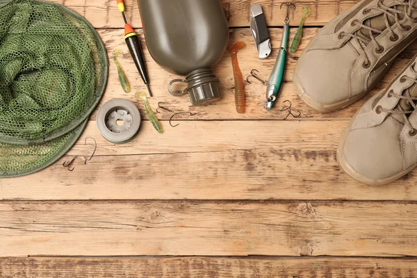 Composición Plana Con Equipo Pesca Espacio Para Texto Sobre Fondo — Foto de Stock