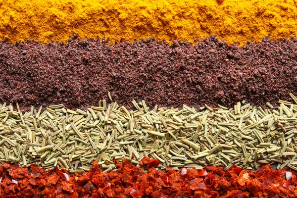 Rows Different Aromatic Spices Background Top View — Stock Photo, Image