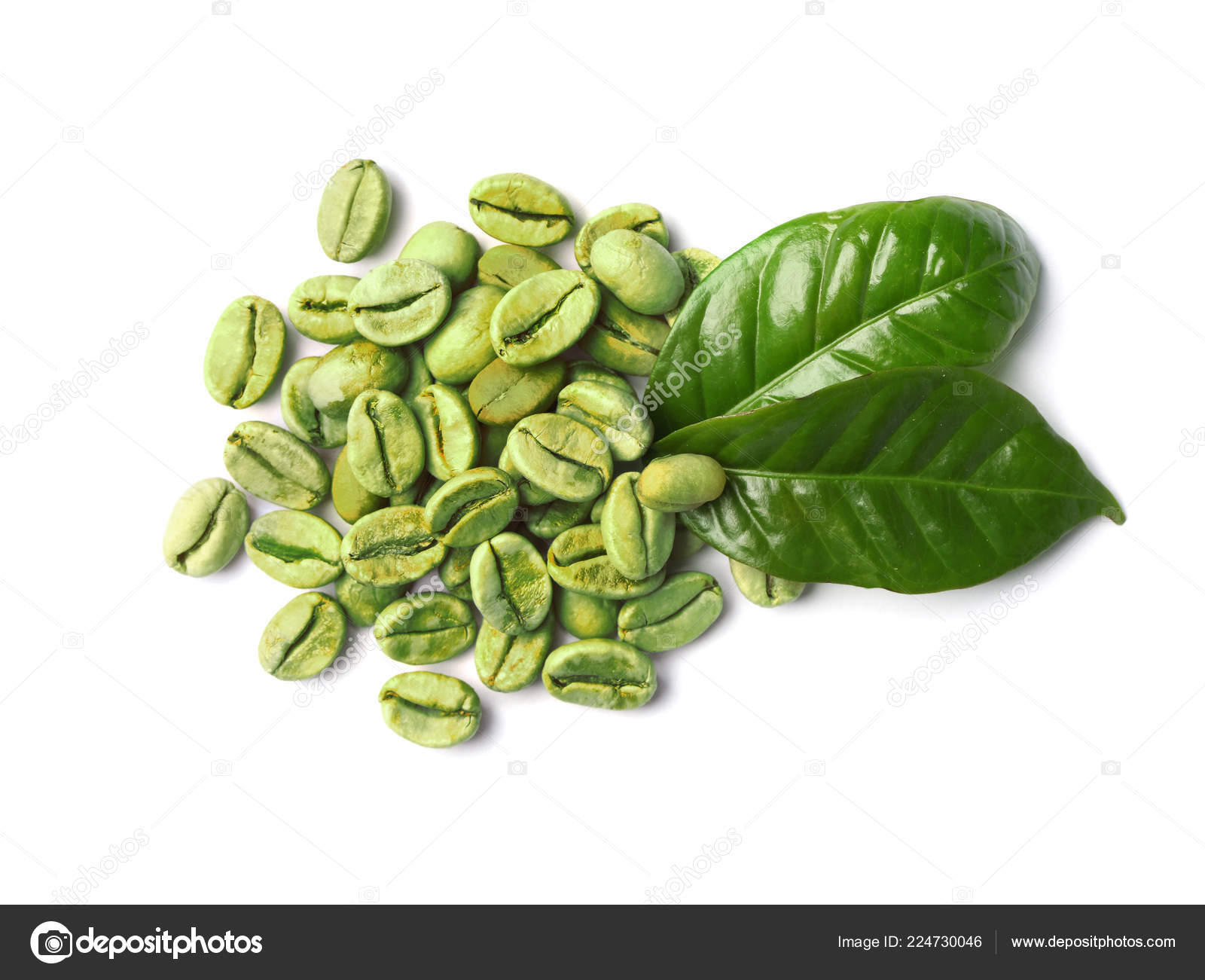 Green Coffee Beans Fresh Leaves White Background Top View Stock Photo