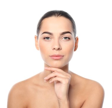 Beyaz arka plan üzerinde güzel genç kadın portresi. Şekillendirme, dudakları cilt bakım ve kozmetik cerrahi kavramı