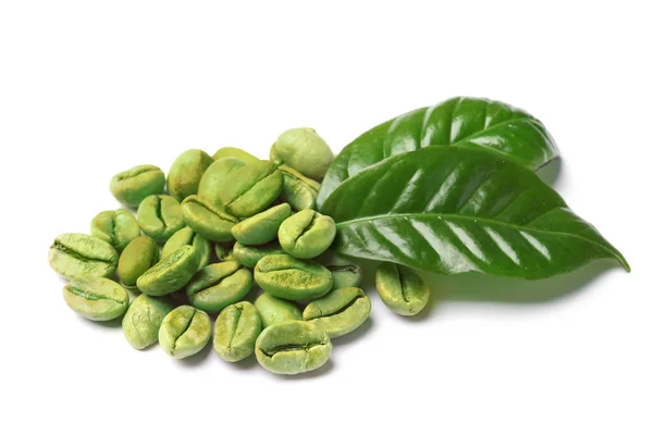 Green Coffee Beans Fresh Leaves White Background — Stock Photo, Image