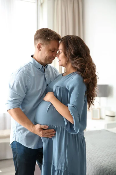 Pregnant Woman Her Husband Bedroom Happy Young Family — Stock Photo, Image