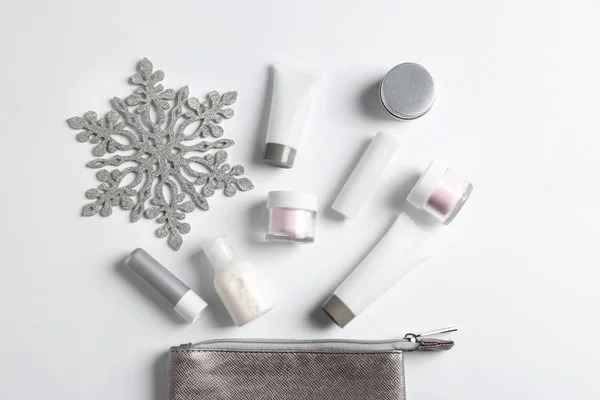 Set Cosmetic Products White Background Flat Lay Winter Care — Stock Photo, Image