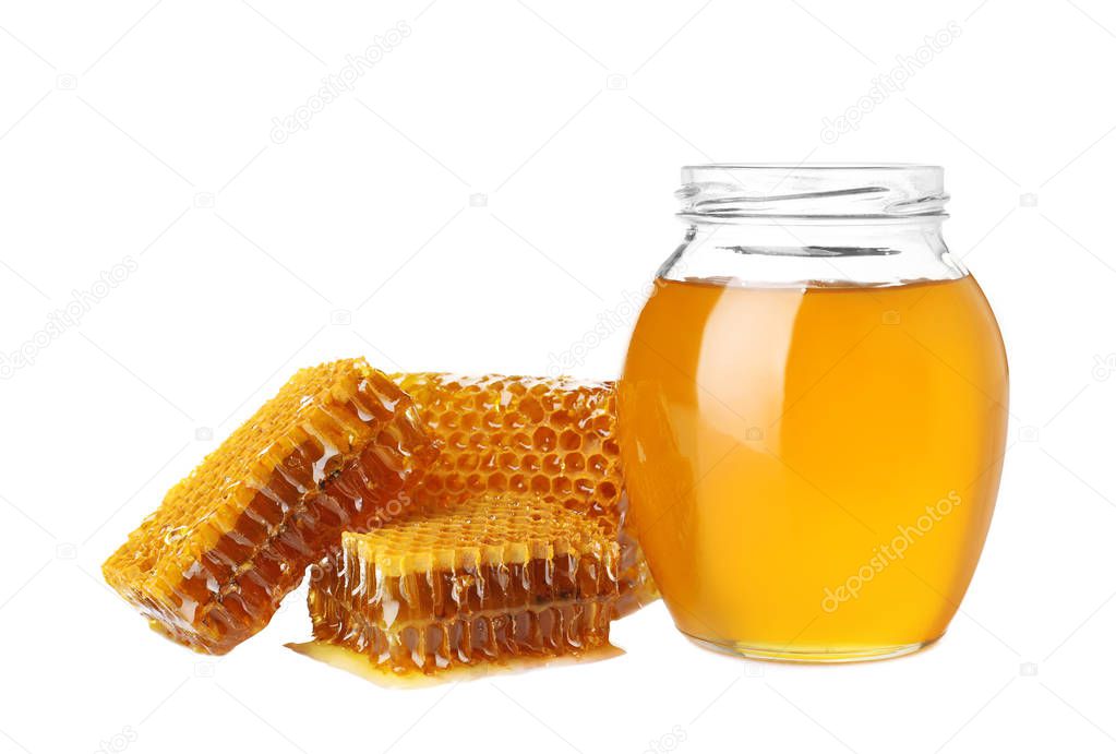 Jar of honey and pieces of fresh combs on white background
