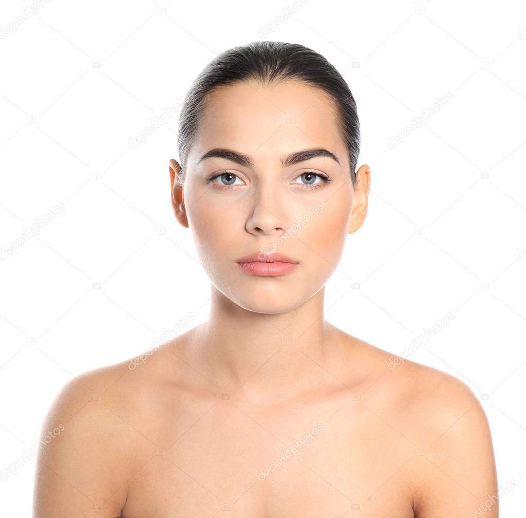 Portrait of beautiful young woman on white background. Lips contouring, skin care and cosmetic surgery concept