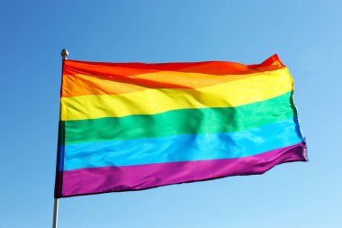 Gökkuşağı Lgbt bayrağı mavi gökyüzü arka planda çırpınan. Eşcinsel hakları hareketi