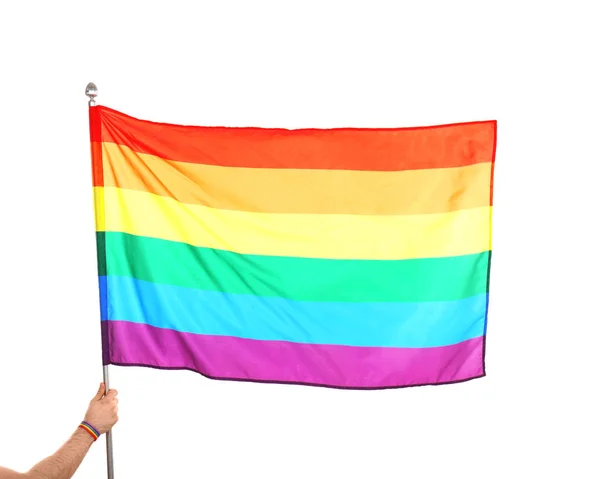 Gay Homem Segurando Arco Íris Lgbt Bandeira Branco Fundo — Fotografia de Stock