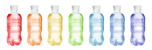 Conjunto Com Diferentes Garrafas Bebidas Coloridas Sobre Fundo Branco — Fotografia de Stock