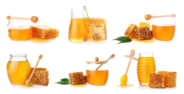 Set Jars Sweet Honey White Background — Stock Photo, Image